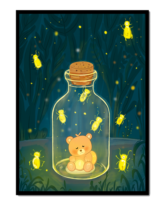 Charming teddy bear in a jar with glowing fireflies