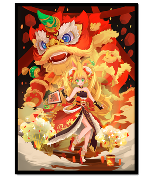 Colorful anime-inspired scene with a lion dance and festive character
