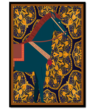 Stilisierte Pferdeillustration auf kompliziertem goldenem Musterhintergrund