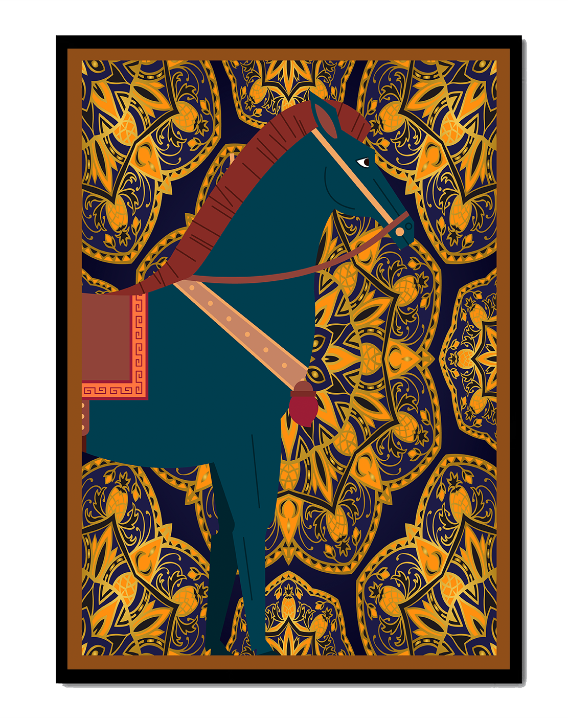 Stylized horse illustration on intricate golden pattern background