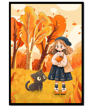 Girl with Cute Cat in Autumn Forest with Colorful Leaves