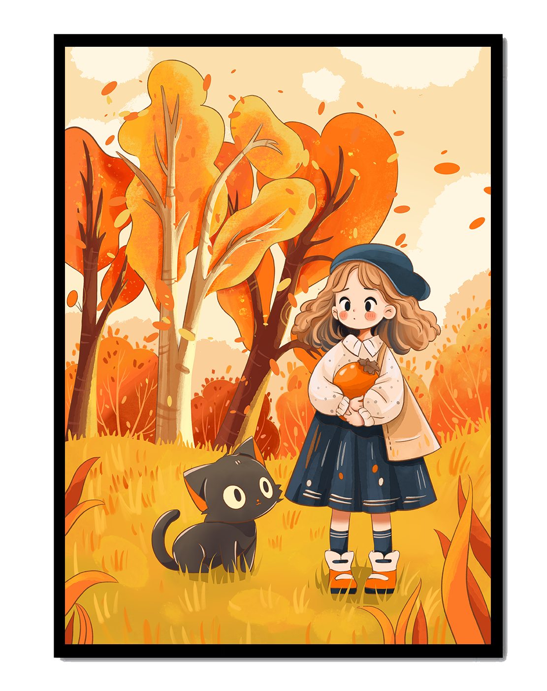 Girl with Cute Cat in Autumn Forest with Colorful Leaves