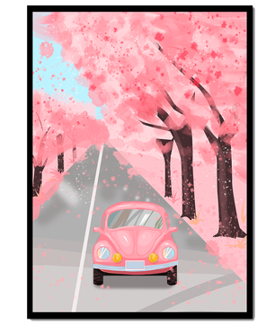 Coche vintage rosa en un camino lleno de flores de cerezo