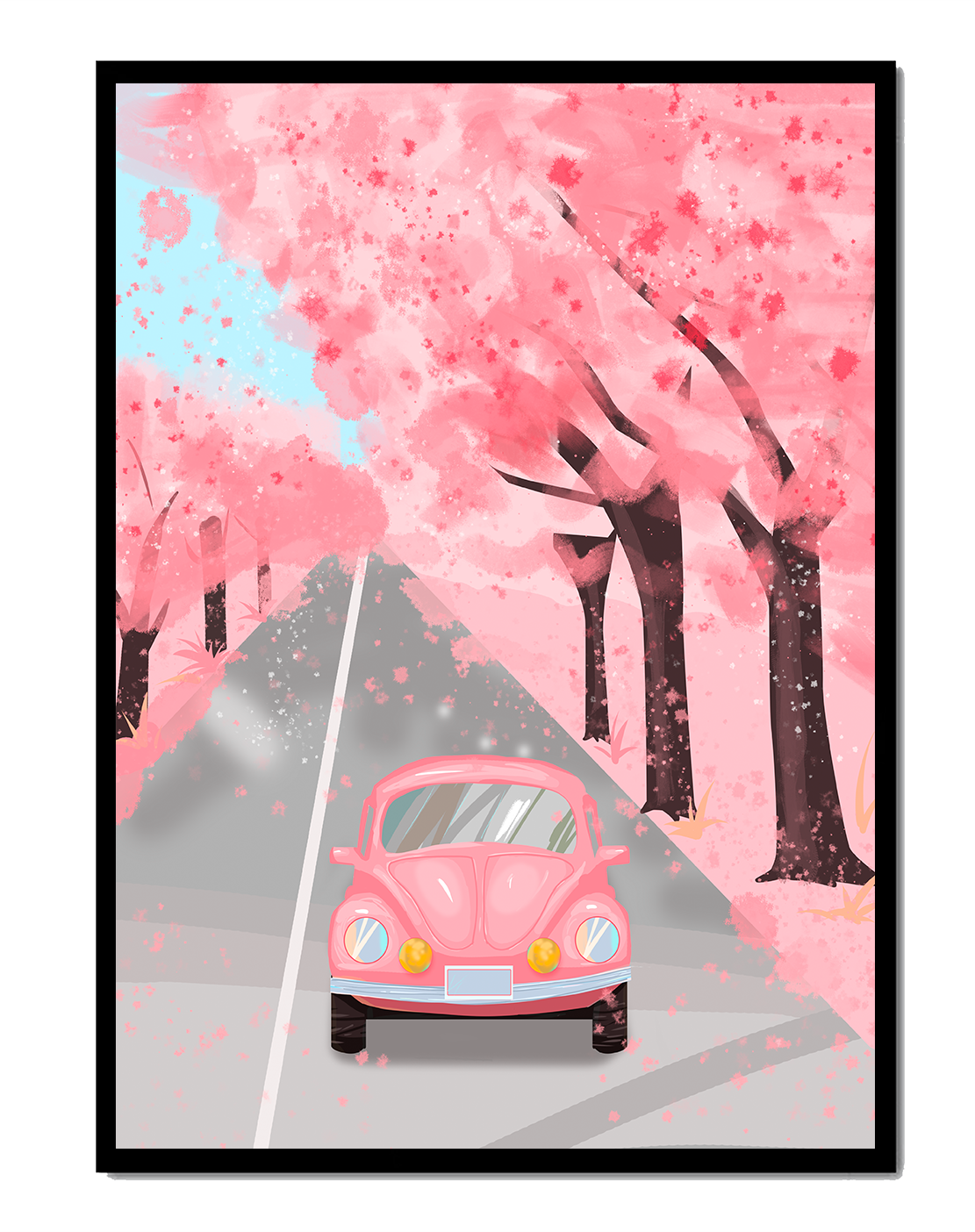 Pink vintage car on a cherry blossom road