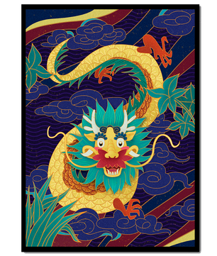 Illustration de dragon coloré avec des nuages ​​et des éléments de feuillage