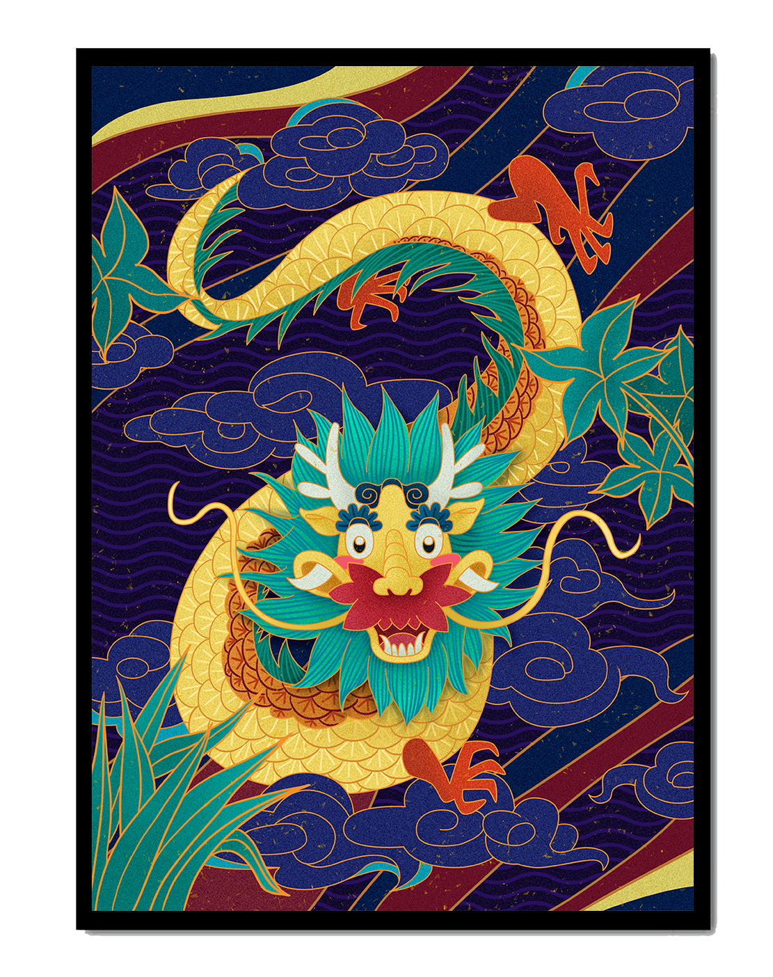 Illustration de dragon coloré avec des nuages ​​et des éléments de feuillage