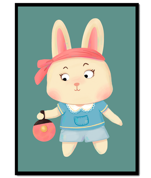 Illustration d'un lapin cartoon avec un bandeau et un sac rond