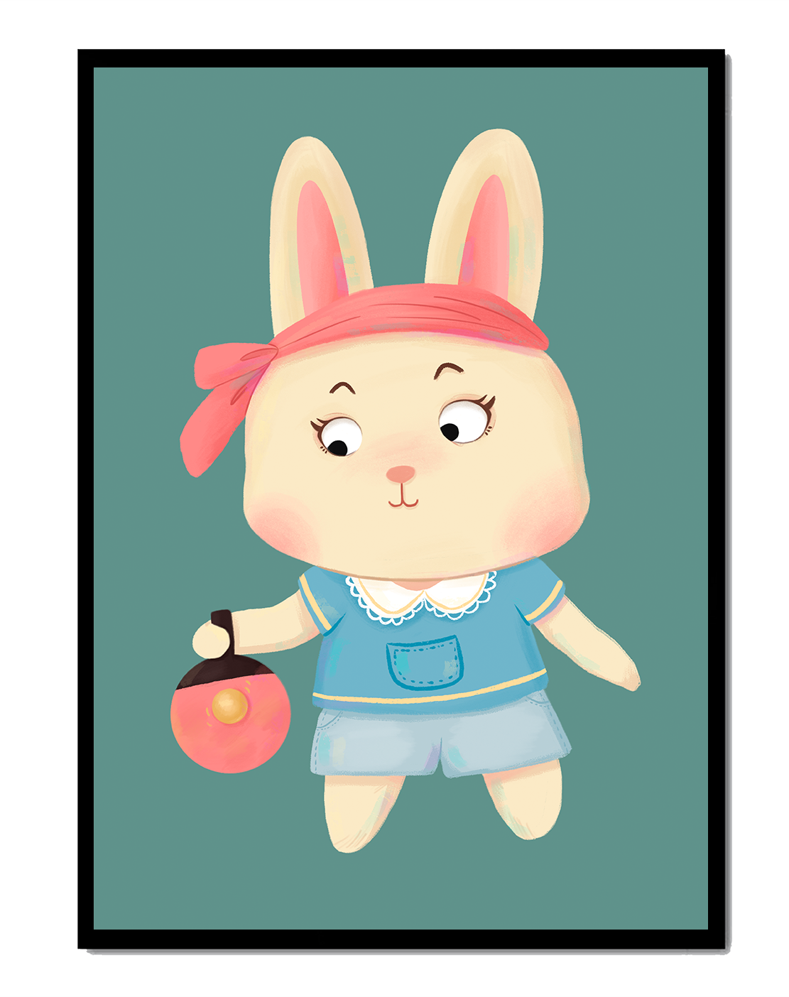 Illustration d'un lapin cartoon avec un bandeau et un sac rond