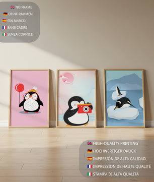 Ensemble de trois dessins de pingouins au style ludique et aux couleurs pastel