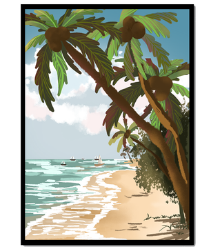 Tranquil Beach Scene with Palm Trees and Sailboats