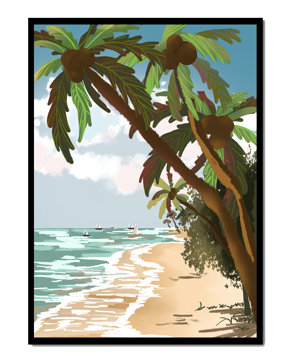 Tranquil Beach Scene with Palm Trees and Sailboats