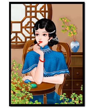 Elegant Woman in Traditional Chinese Setting with Blue Cape and Intricate Decor