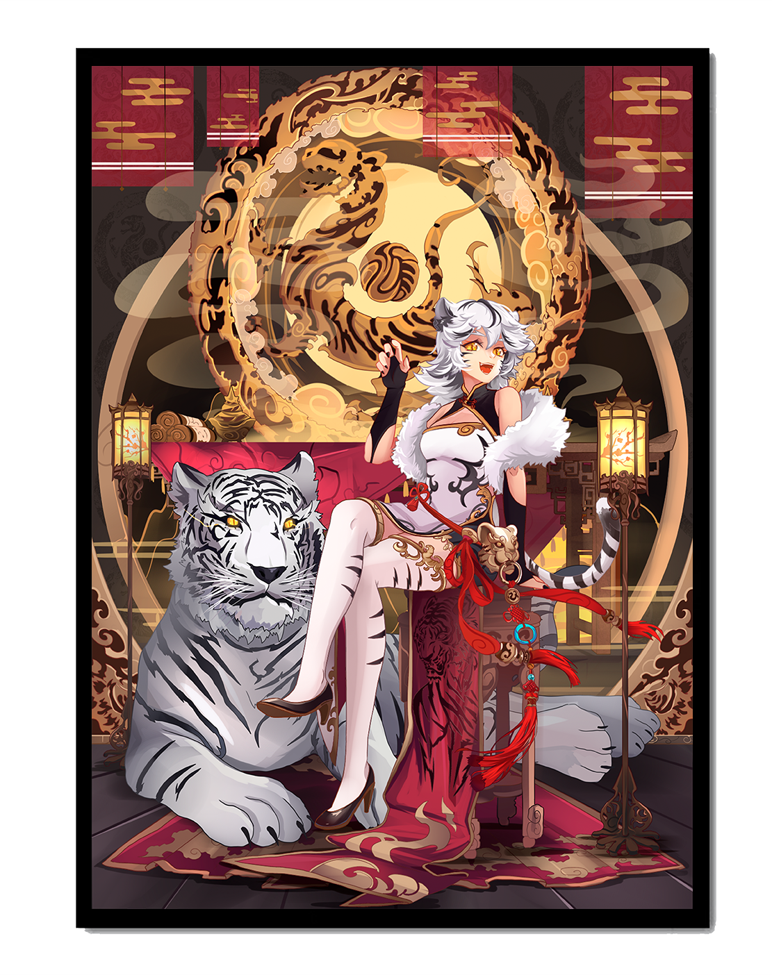 Elegant fantasy character with mystical tiger and ornate decor