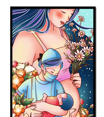 Mother and Baby Surrounded by Flowers in a Dreamy Landscape