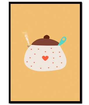 Ilustración de una olla decorada con corazones y vapor sobre fondo amarillo