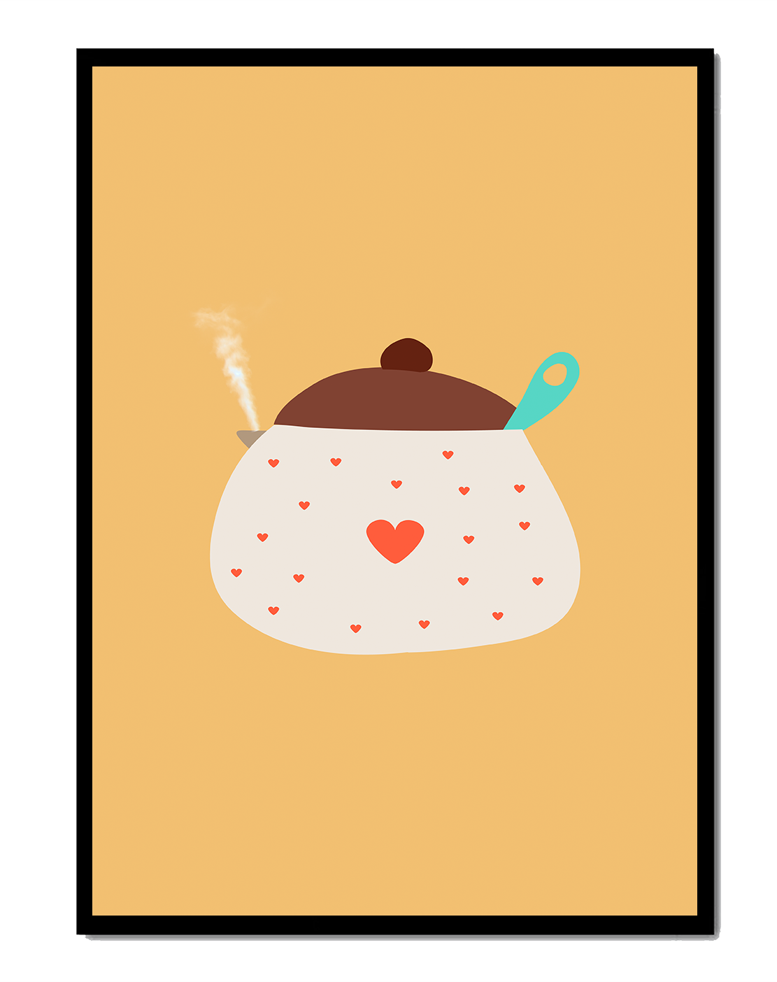 Illustration of a heart-adorned cooking pot with steam on a yellow background