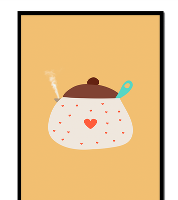 Illustration of a heart-adorned cooking pot with steam on a yellow background