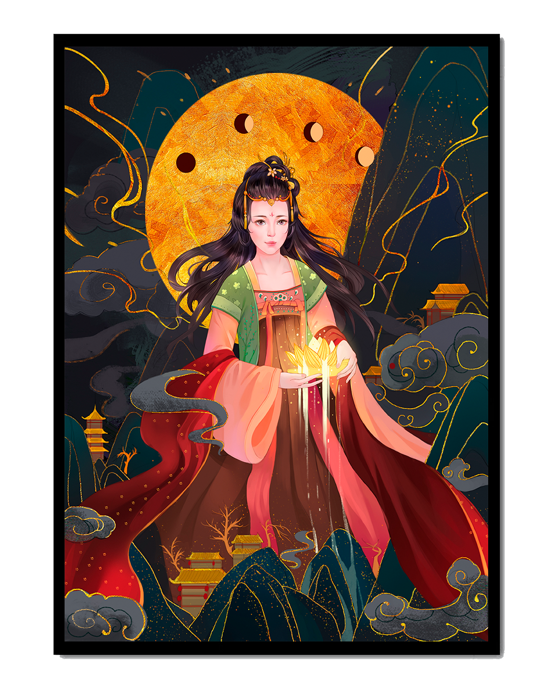 Elegante representación de una figura mítica con un fondo celestial dorado.