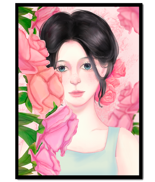Illustration d'une femme entourée de roses roses