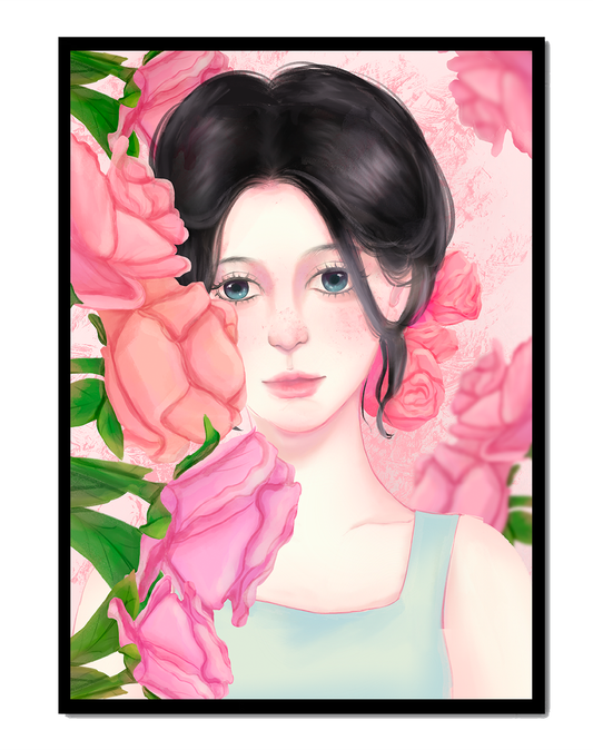 Illustration of a woman surrounded by pink roses