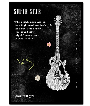 Ilustración de guitarra en blanco y negro artística con texto conmovedor