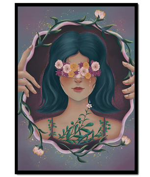 Portrait enchanteur d'une femme aux yeux floraux et aux cheveux noirs