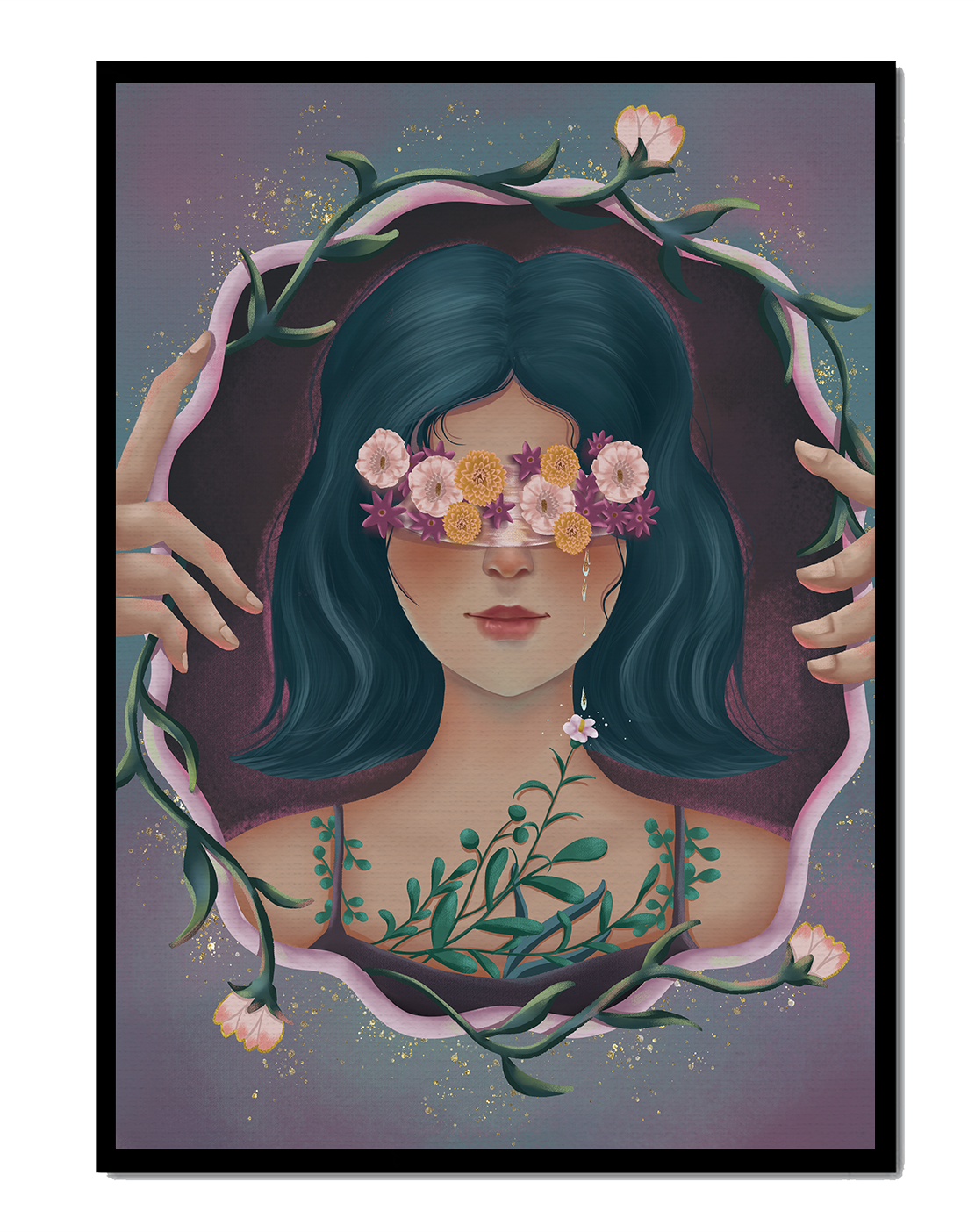 Retrato encantador de una mujer con ojos florales y cabello oscuro