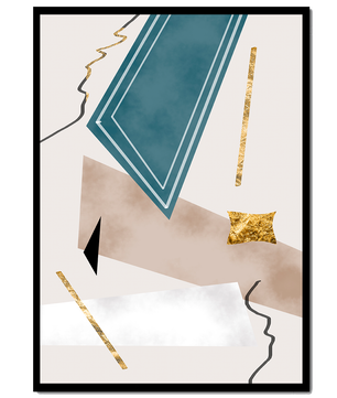 Abstraktes geometrisches Kunstwerk mit goldenen Akzenten und dynamischen Formen
