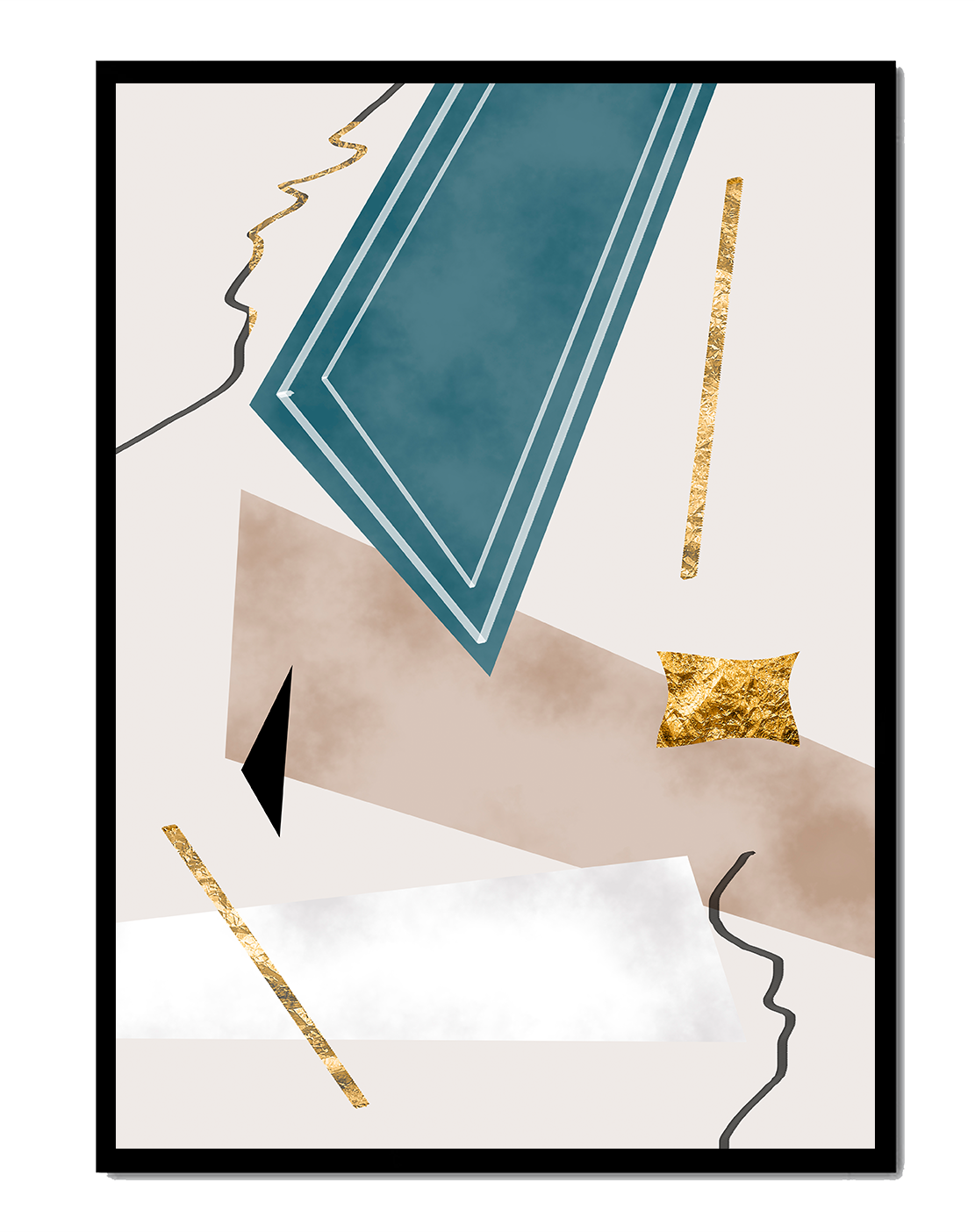 Abstract geometric artwork with gold accents and dynamic shapes