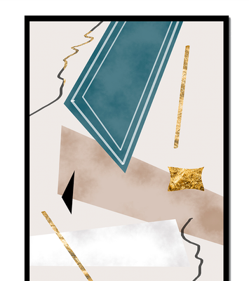 Abstract geometric artwork with gold accents and dynamic shapes