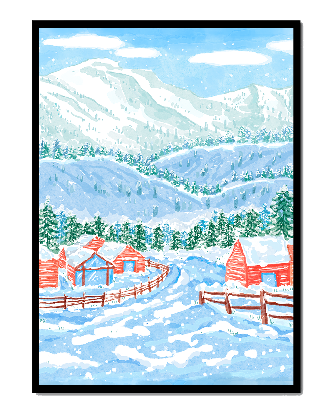 Charming snowy landscape with mountain view and cozy cabins