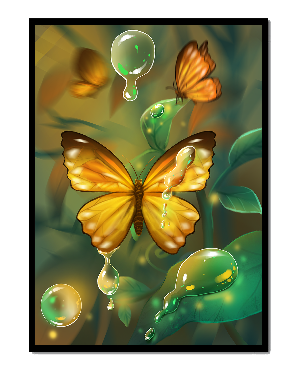 Butterflies Among Dewdrops in a Serene Forest Setting