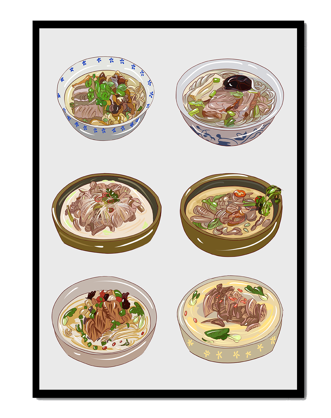 Illustrated bowls of Asian noodle soups with herbs and vegetables