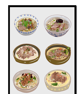 Illustrated bowls of Asian noodle soups with herbs and vegetables