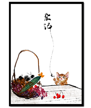Juguetón gatito con frutas y arte de caligrafía