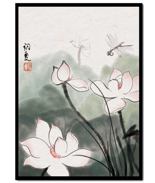Delicate watercolor of lotus flowers with dragonfly in serene atmosphere