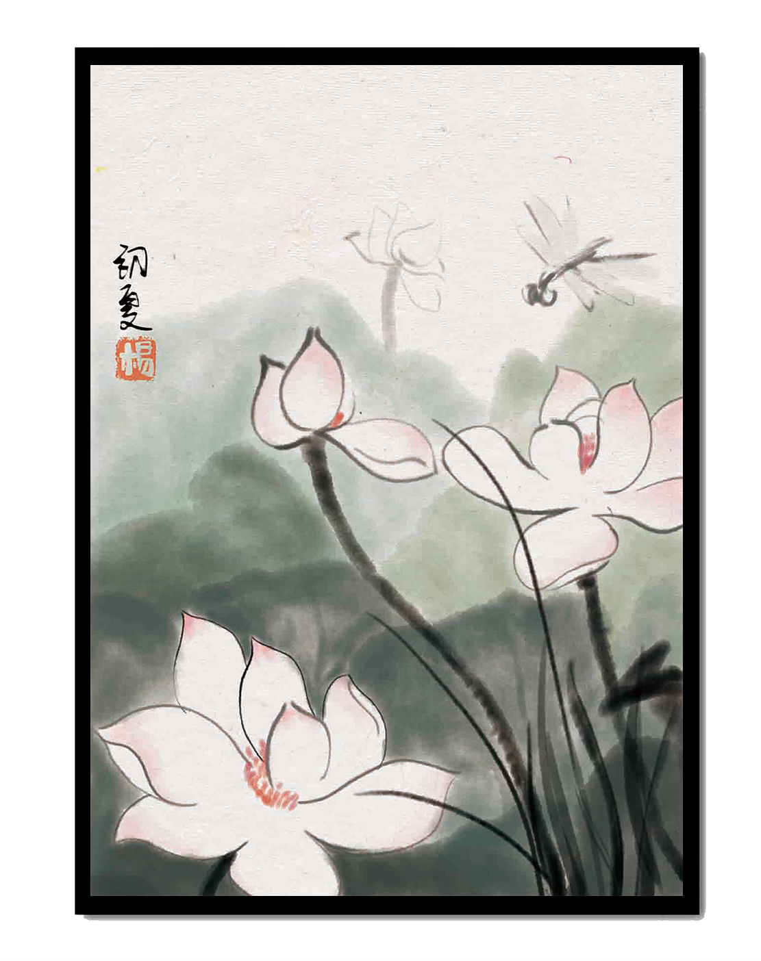 Delicate watercolor of lotus flowers with dragonfly in serene atmosphere
