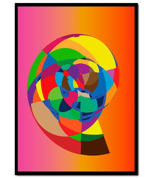 Vibrant abstract geometric shape with multicolored spiral on gradient background