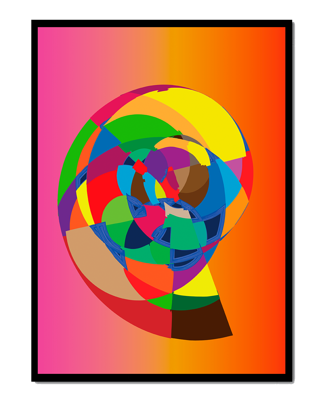 Vibrant abstract geometric shape with multicolored spiral on gradient background