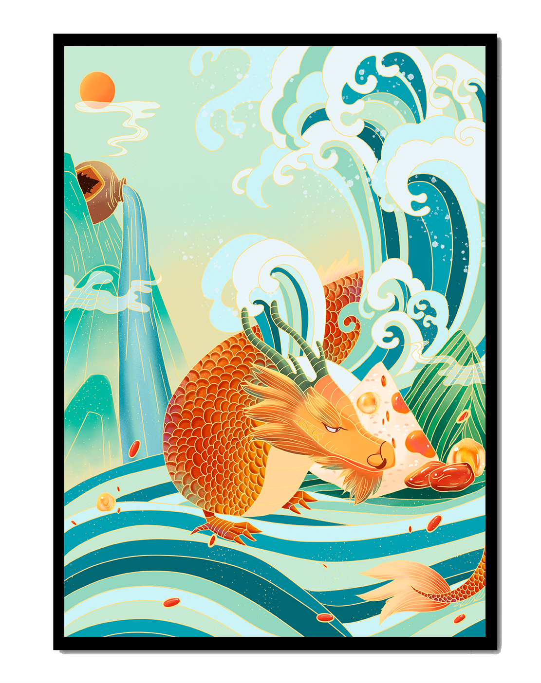 Mythical dragon amidst stylized waves and mountains in vibrant colors