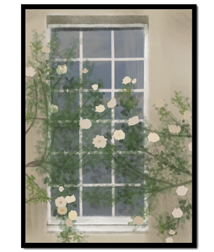 Floral Window with Climbing Roses in a Tranquil Setting