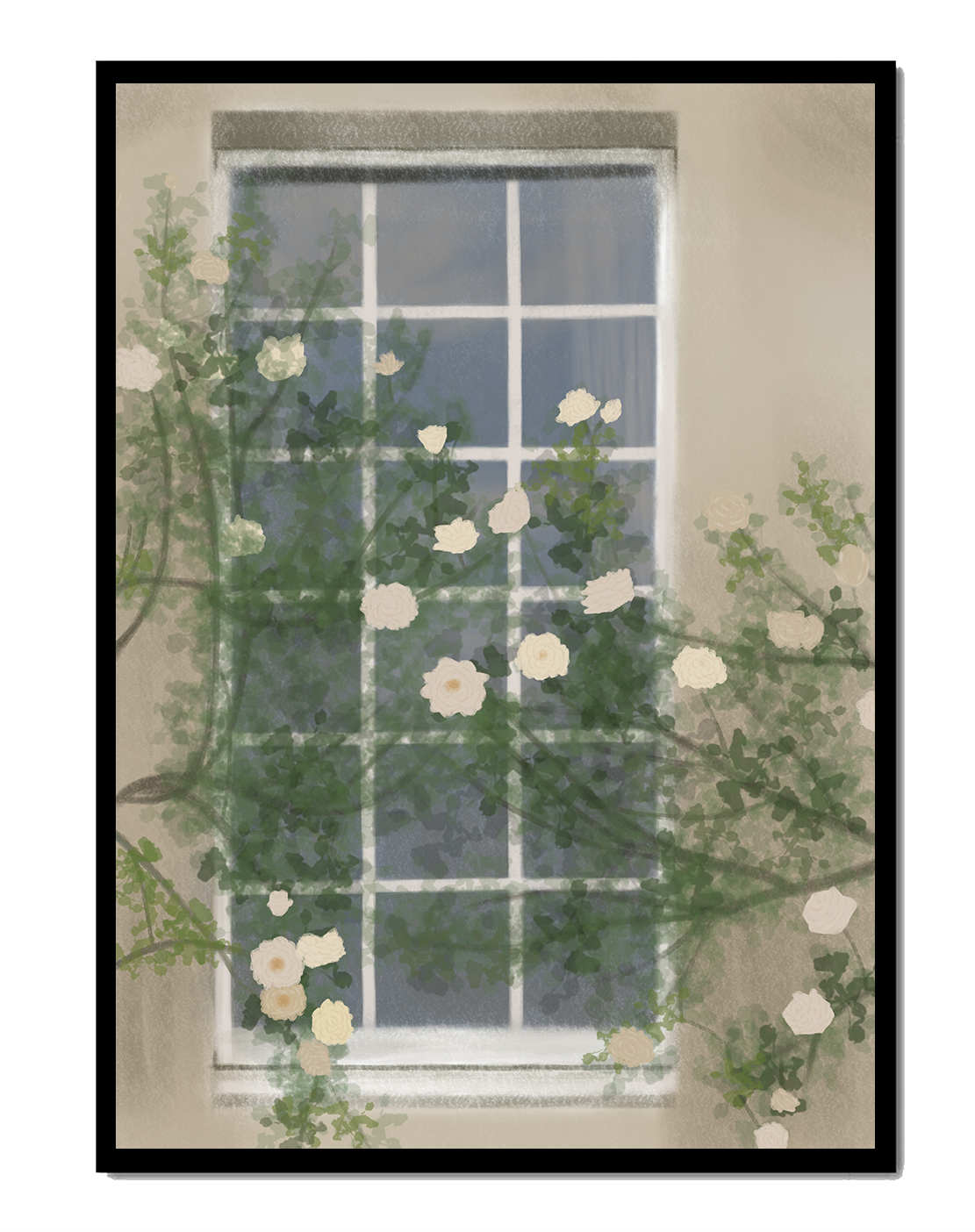 Floral Window with Climbing Roses in a Tranquil Setting