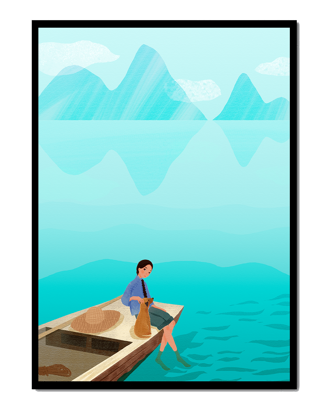 Serene scene with woman and dog on a boat by tranquil waters