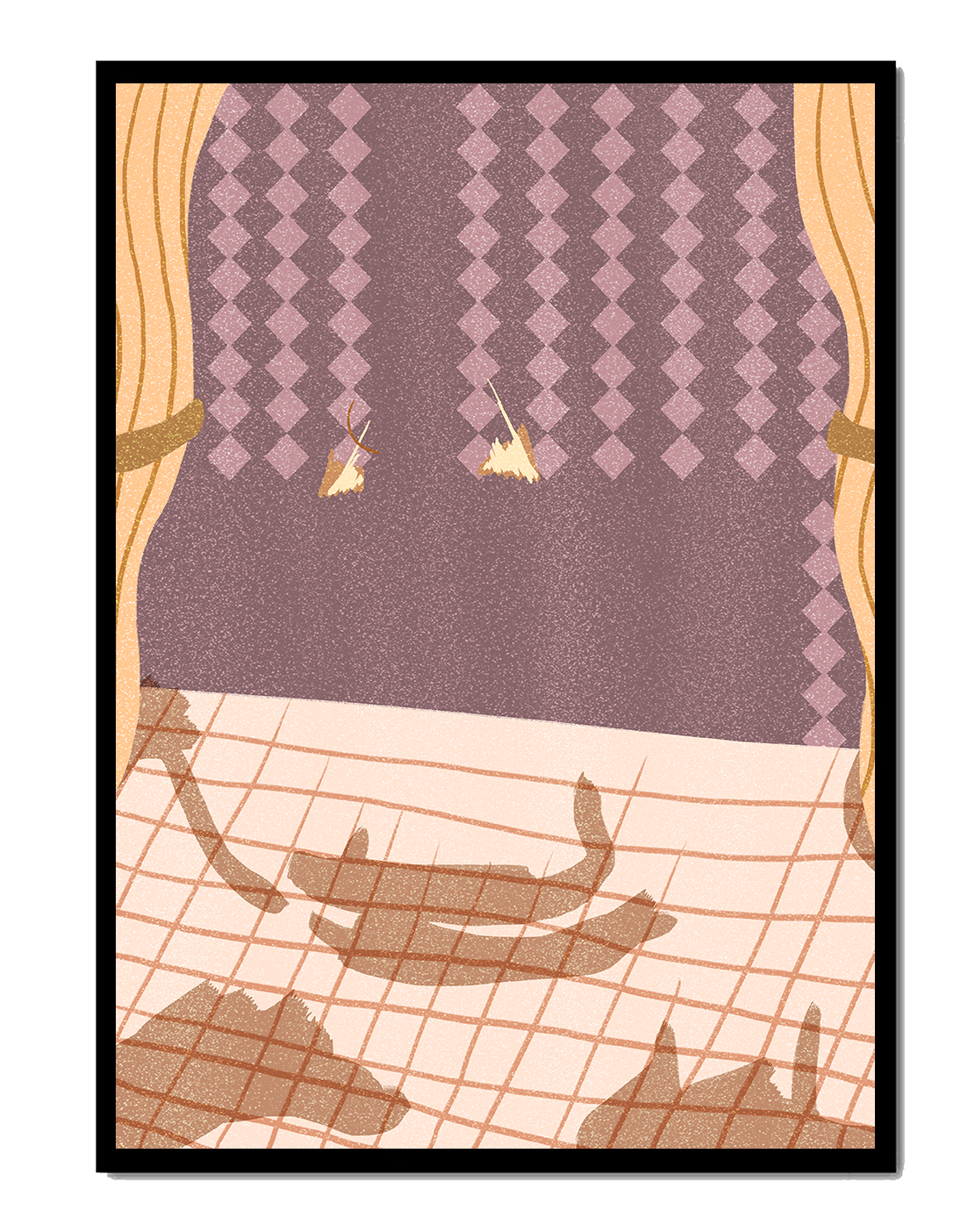 Abstract Interior with Cats' Shadows on Checkered Floor