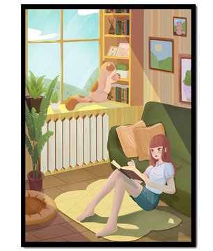 Cozy Living Room with a Reading Girl and Cat by the Window