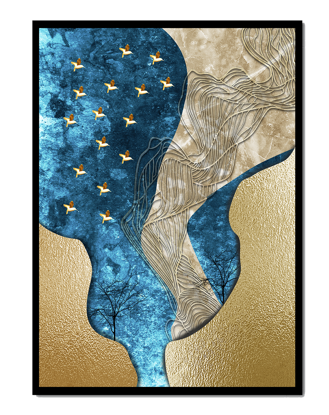 Abstract Textured Landscape with Gold and Blue Elements