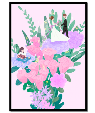 Whimsical wedding scene amidst colorful floral arrangement
