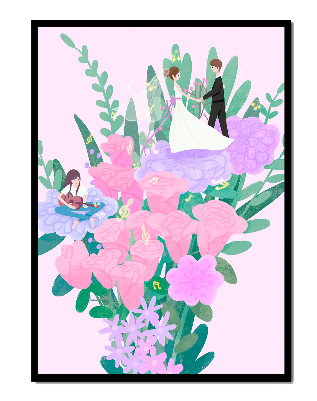 Whimsical wedding scene amidst colorful floral arrangement
