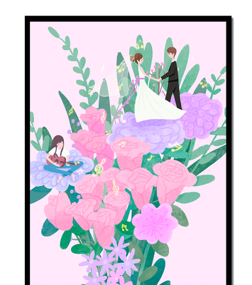 Whimsical wedding scene amidst colorful floral arrangement