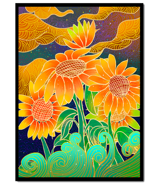 Vibrant sunflowers with intricate background patterns
